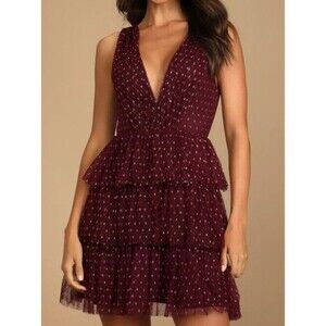 Lulus Womens Large Dress Burgundy Gold Dotted Mesh Tiered Mini V Neck Zip Tulle